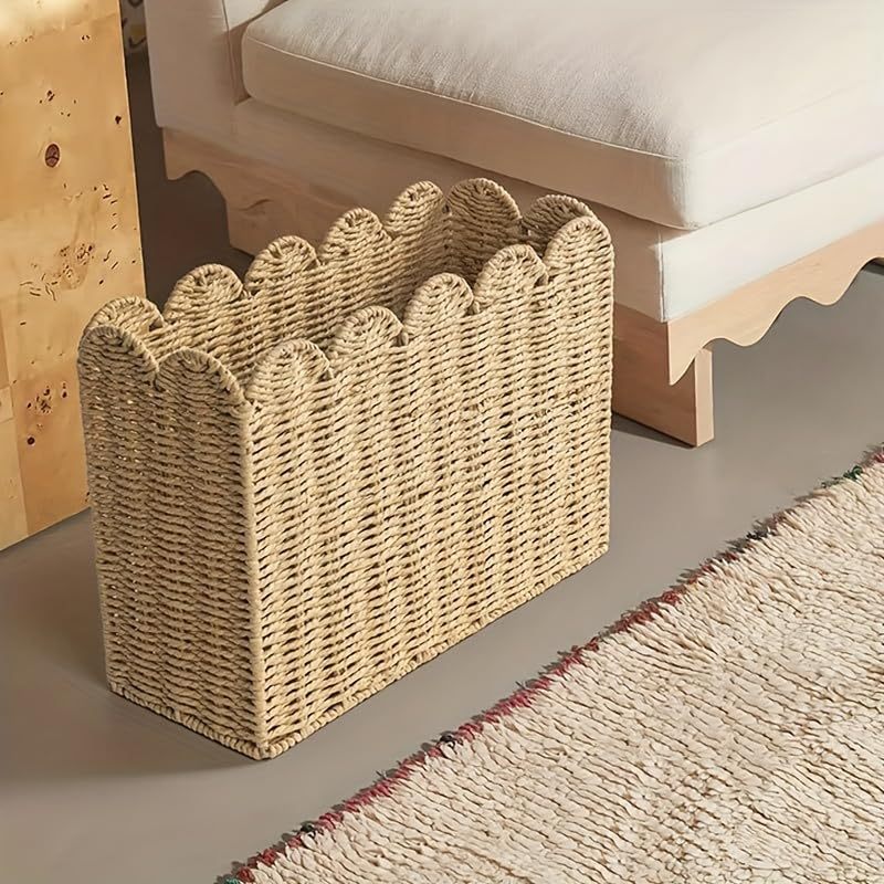 Seagrass Magazine Holder  Handwoven File Organizer Basket for Living Room & Home Office, Scalloped Design, 2 Sizes
