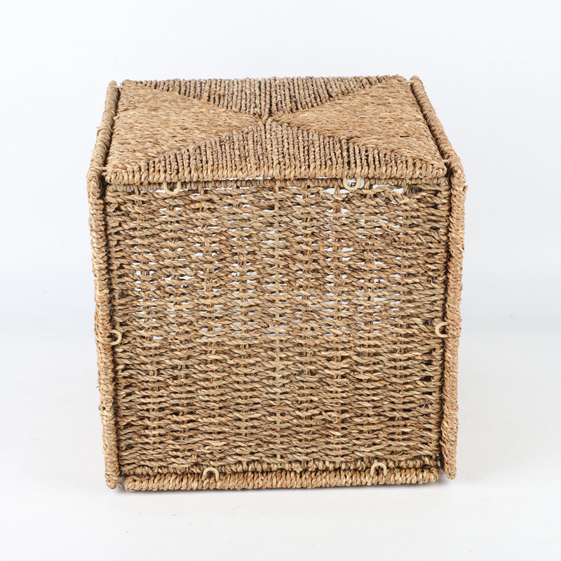 Seagrass Cube Storage Basket with Window Handle  Foldable Handwoven Square Bin for Clothes & Toys, 32cm