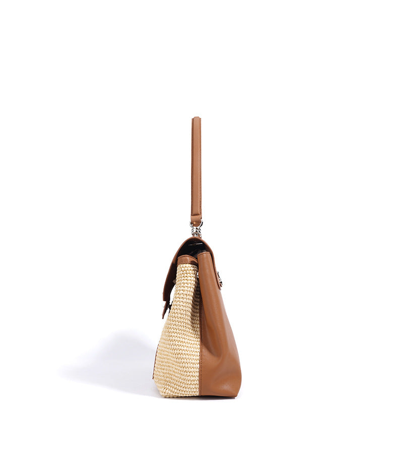 Leather Raffia Straw Tote Bag  Large Woven Shoulder & Crossbody Handbag with Lock Closure for Work and Casual