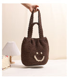 Casual smiley face shoulder cotton thread woven bag new small fresh hand-held commuter straw bag seaside vacation beach bag