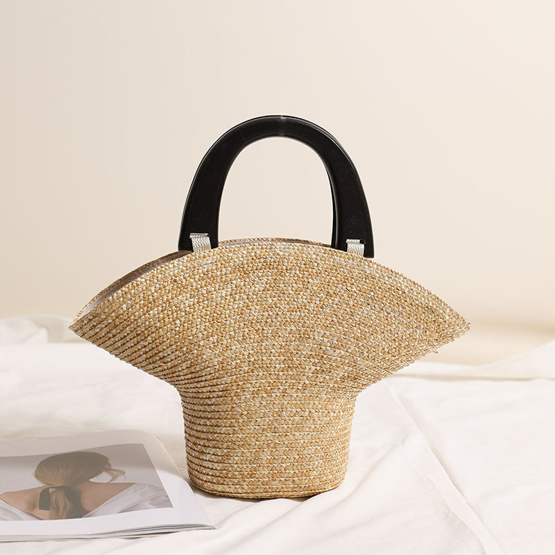 Wood Handle Straw Barrel Bag  Hat-Shape Woven Shoulder Handbag for Vacation Beach & Everyday Outfits