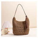 Heart Tassel Woven Straw Shoulder Bag Hollow Out Beach Handbag for Vacation Travel