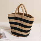 Raffia Large-Capacity Woven Tote Bag  Handcrafted Striped Open-Top Straw Handbag for Daily Use & Travel