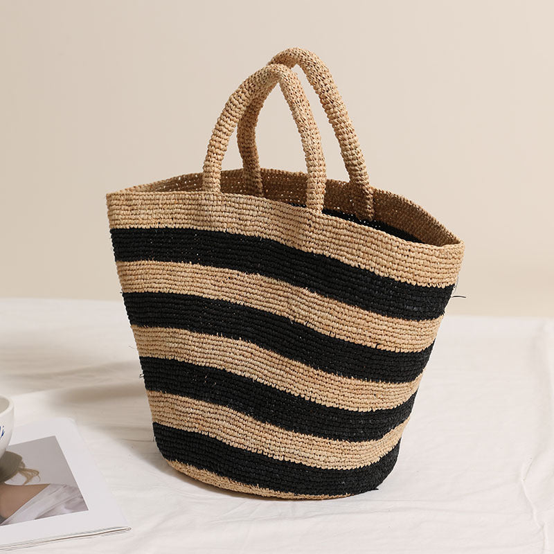 Raffia Large-Capacity Woven Tote Bag  Handcrafted Striped Open-Top Straw Handbag for Daily Use & Travel