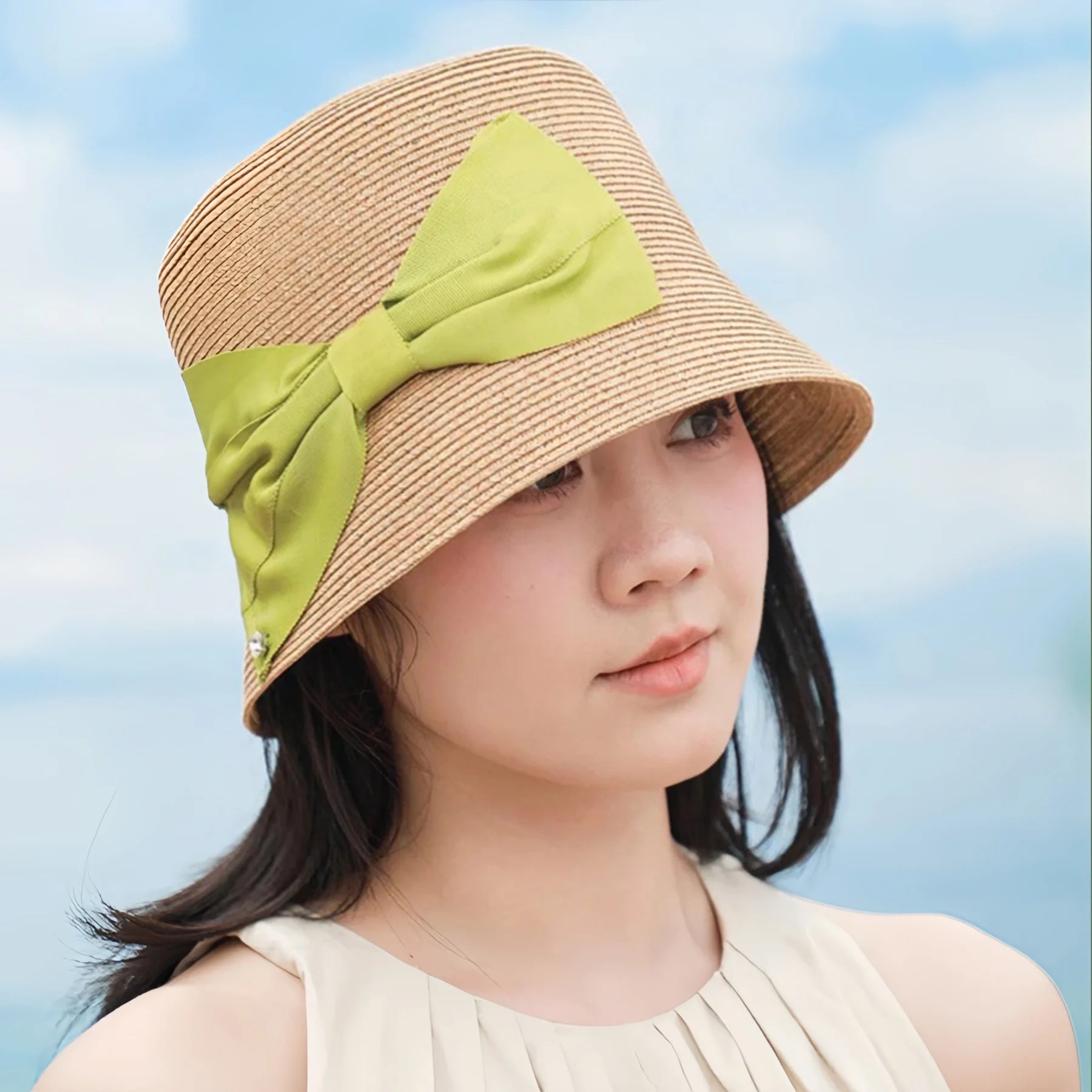 French Vintage Short Brim Straw Bucket Hat for Women, Summer Plant Fiber Sun Hat with Bow, 5658cm Main image