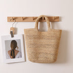 Premium Raffia Handheld Woven Bag  Large Capacity Hollow Weave Tote for Beach, Vacation & Everyday Use