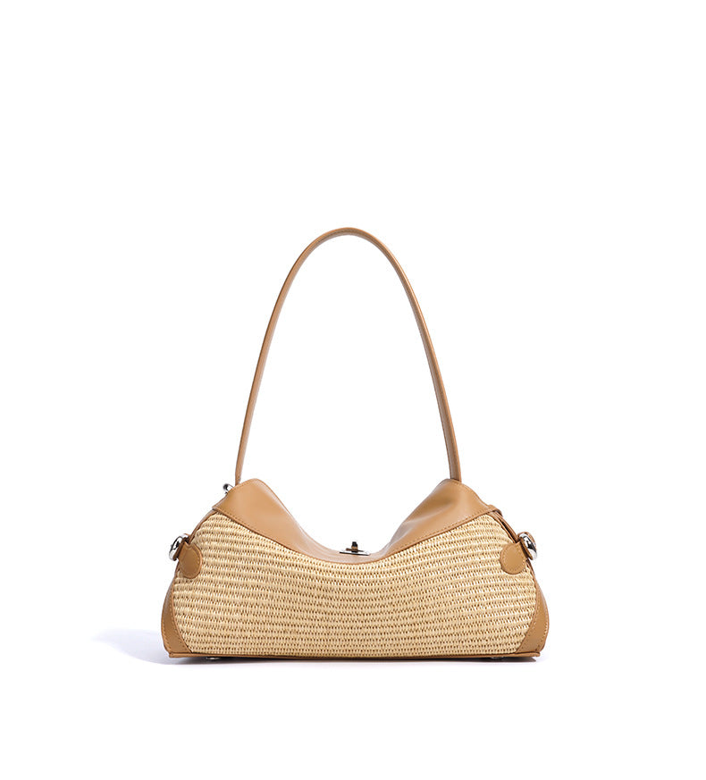 Leather & Straw Shoulder Bag  Soft Cowhide and Woven Underarm Crossbody, Medium Zipper Beach & City Tote