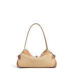 Leather & Straw Shoulder Bag  Soft Cowhide and Woven Underarm Crossbody, Medium Zipper Beach & City Tote