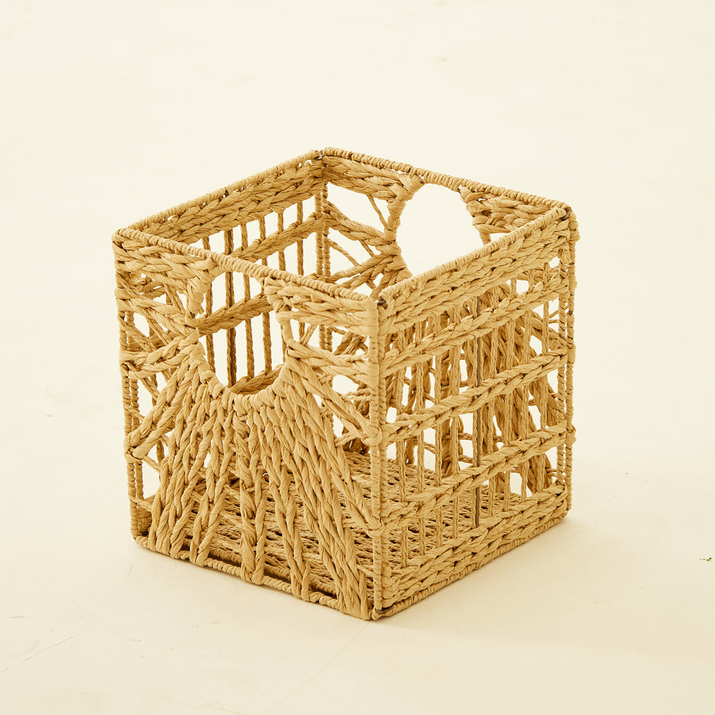 Square Natural Woven Storage Basket with Handles  Cube Wicker Organizer for Closet, Shelves & Living Room