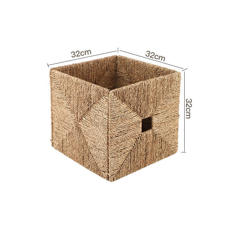 Seagrass Cube Storage Basket with Window Handle  Foldable Handwoven Square Bin for Clothes & Toys, 32cm
