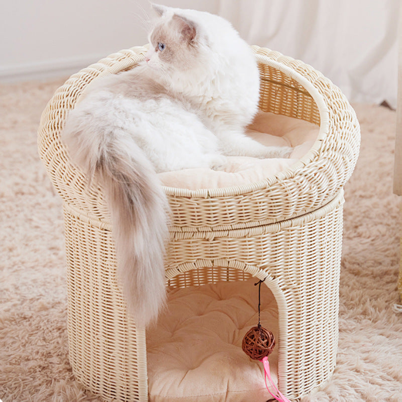 Breathable Woven Double-Layer Cat House with Cushion  All-Season Semi-Enclosed PP Rattan Pet Bed
