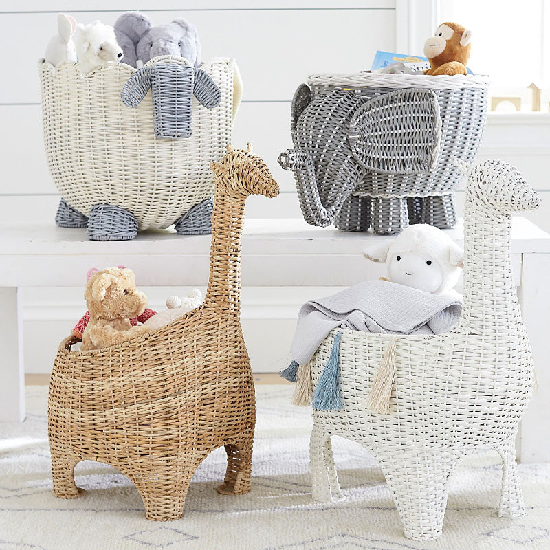 Handwoven Rattan Animal Storage Basket with Lid  Cartoon Toy Organizer & Decorative Basket for Kids Room