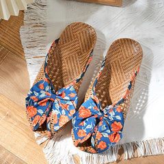 Handwoven Rattan Closed-Toe Slippers with Bow Detail  Summer Natural Weave Slides for Women
