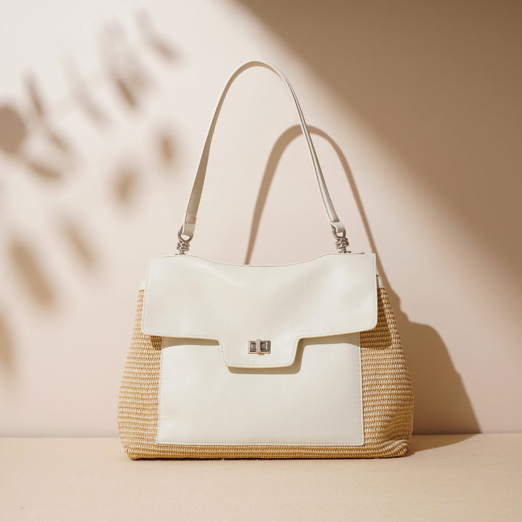 Leather Raffia Straw Tote Bag  Large Woven Shoulder & Crossbody Handbag with Lock Closure for Work and Casual