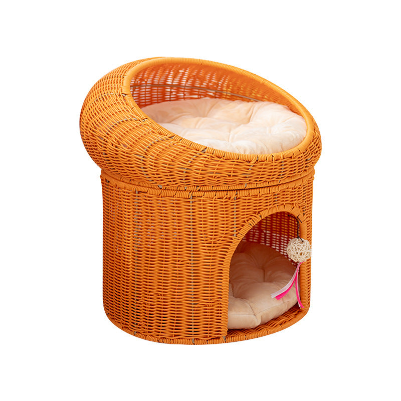Breathable Woven Double-Layer Cat House with Cushion  All-Season Semi-Enclosed PP Rattan Pet Bed