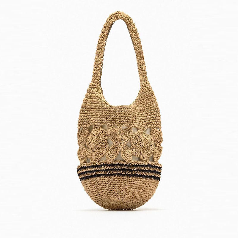 Hollow Floral Straw Shoulder Bag  Handcrafted Paper Woven Bucket Tote with Drawstring, Medium Summer Daily & Beach Bag