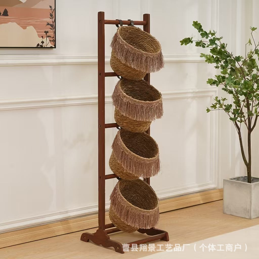 Wooden Tiered Rattan Storage Basket Stand  Handwoven Floor Organizer Rack for Living Room & Entryway