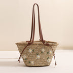 Fresh Floral Embroidered Raffia Shoulder Bag  Large Capacity 2025 Summer Triangle Beach Tote