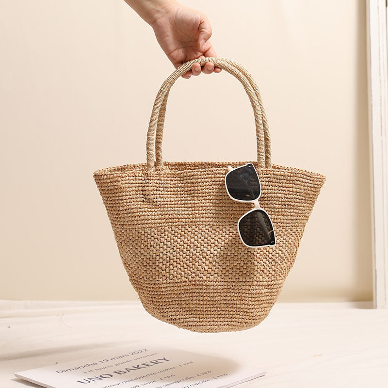 Premium Raffia Handheld Woven Bag  Large Capacity Bucket Tote for Summer Beach, Vacation & Everyday Use