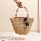 Premium Raffia Handheld Woven Bag  Large Capacity Bucket Tote for Summer Beach, Vacation & Everyday Use