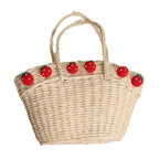 Cute Strawberry Woven Tote Basket  Handcrafted Paper Straw Shoulder Bag with Drawstring, Medium Daily & Beach Carry Bag
