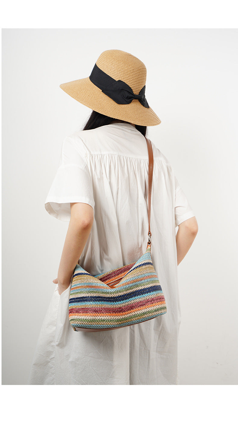 Rainbow Leather & Straw Shoulder Bag  Small and Large Woven Hobo with Zipper, PP Straw and Split Cowhide Crossbody