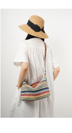 Rainbow Leather & Straw Shoulder Bag  Small and Large Woven Hobo with Zipper, PP Straw and Split Cowhide Crossbody