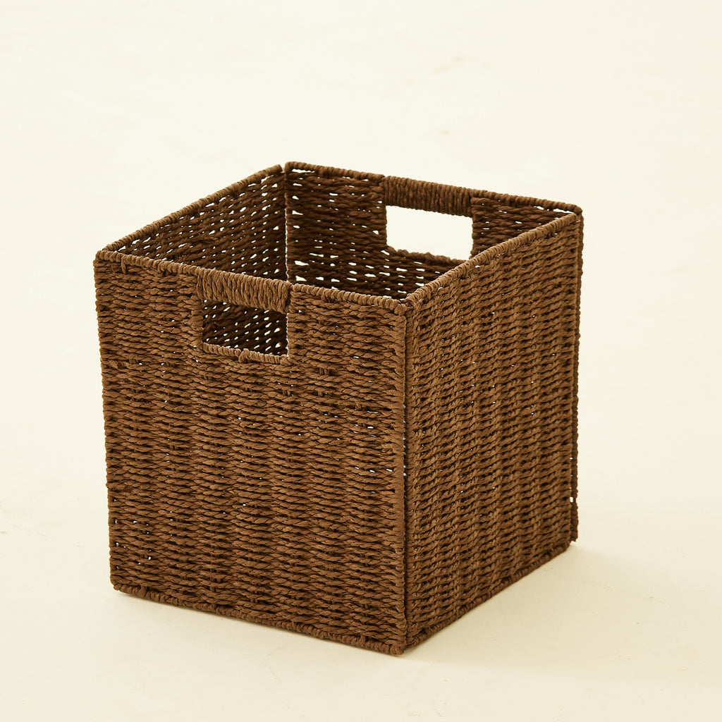 Square Natural Woven Storage Basket with Handles  Cube Wicker Organizer for Closet, Shelves & Living Room