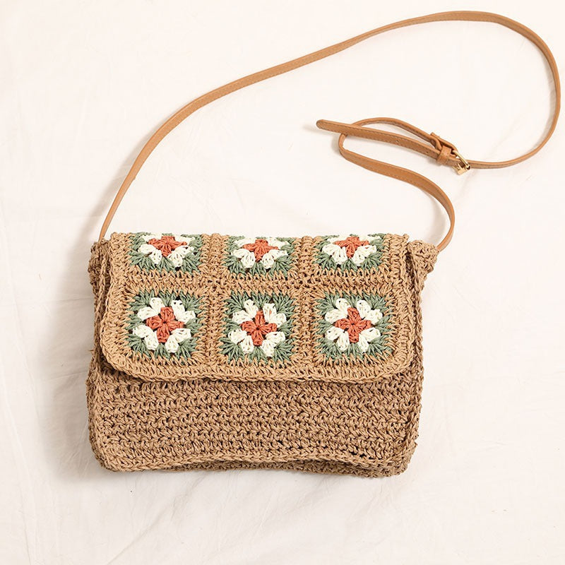 Vintage Floral Woven Crossbody Bag  Medium Straw Shoulder Bag with Flap, Holiday Beach & Summer Outfit Bag