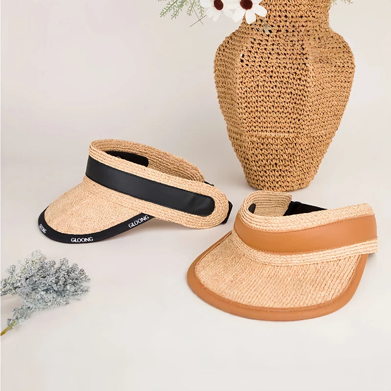 Kids Raffia Straw Visor Hat Adjustable Wide Brim Sun Hat Breathable Summer Beach Main image