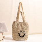 Casual smiley face shoulder cotton thread woven bag new small fresh hand-held commuter straw bag seaside vacation beach bag