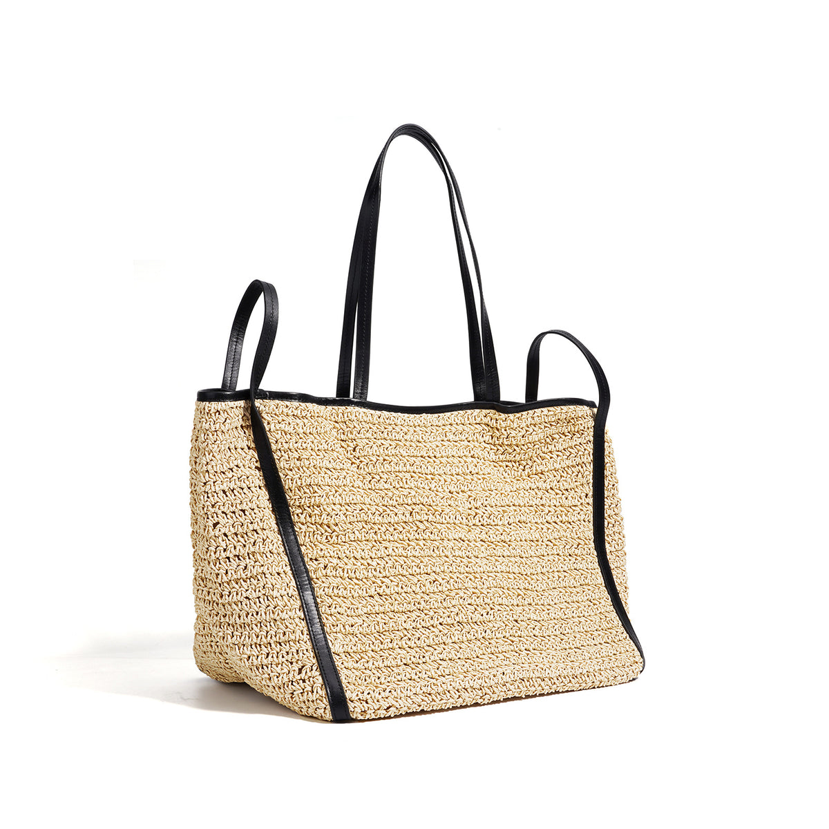 Leather Raffia Straw Tote Bag  Large Woven Shoulder & Crossbody Handbag with Lock Closure, Classic Everyday Work Bag