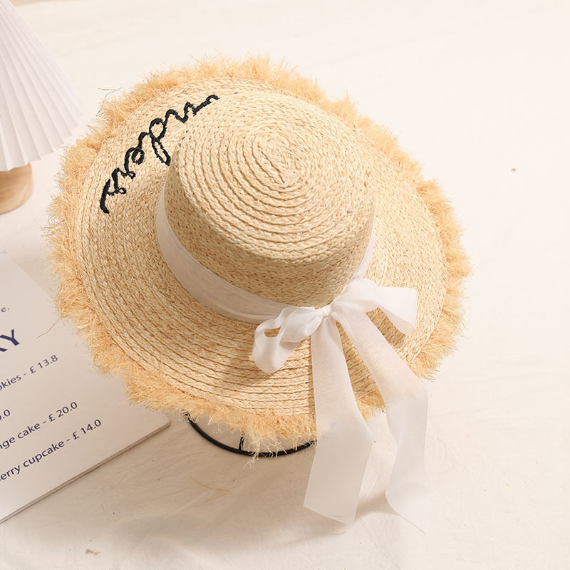Raffia Straw Flat Top Sun Hat with Ribbon  Wide Brim Beach Vacation Hat for Women