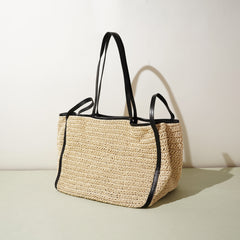 Leather Raffia Straw Tote Bag  Large Woven Shoulder & Crossbody Handbag with Lock Closure, Classic Everyday Work Bag