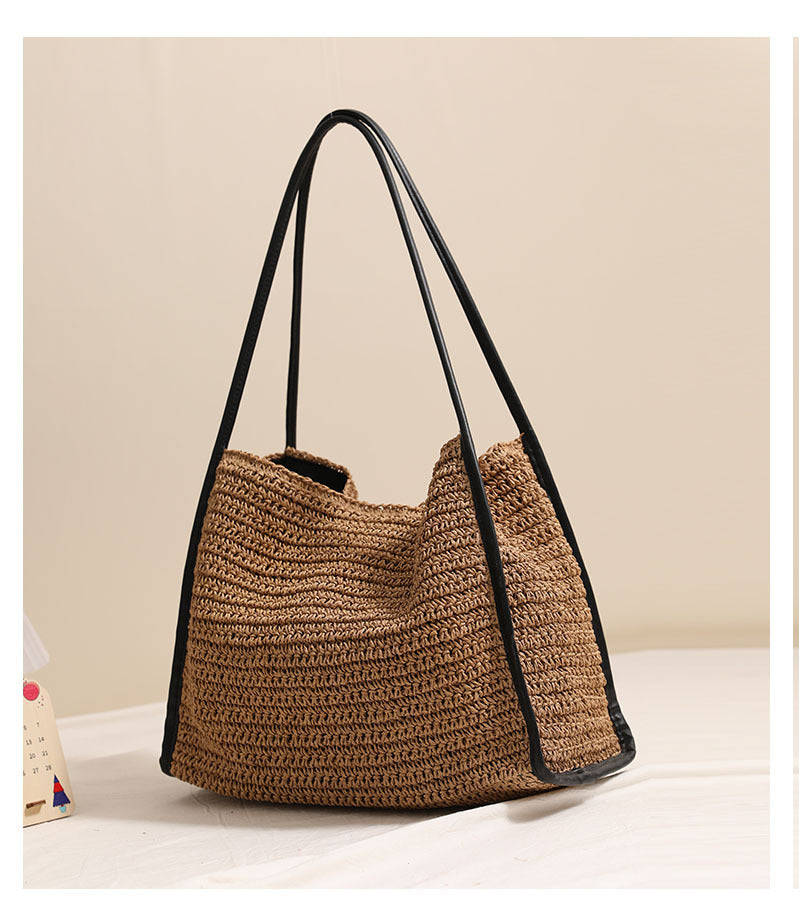 French-Style Woven Paper Shoulder Bag  Minimalist Solid Color Medium Tote for Spring Travel & Daily Outfits
