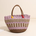 Cute Wooden Bead Straw Bucket Bag  Frayed Edge Paper Woven Handbag with Drawstring, Medium Beach & Holiday Tote