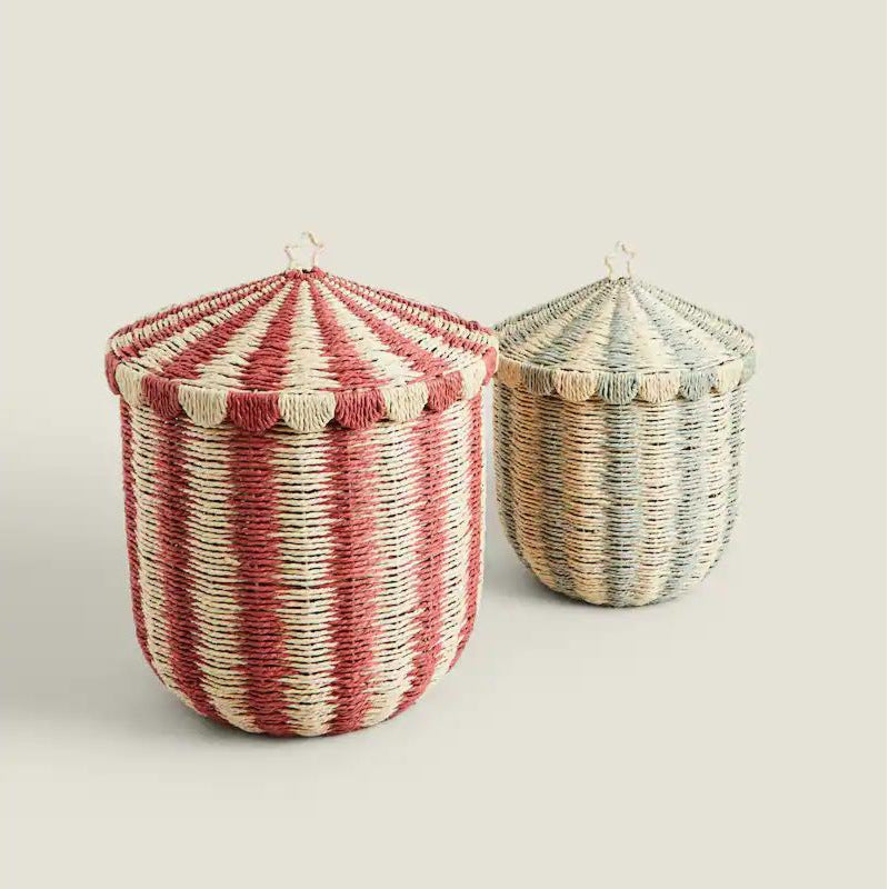 Circus Stripe Woven Laundry Basket with Lid – Paper Rope Toy & Clothes Storage Bin for Nursery, Kids’ Room & Laundry, 2 Sizes