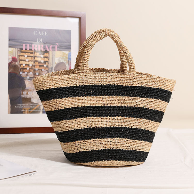 Raffia Large-Capacity Woven Tote Bag  Handcrafted Striped Open-Top Straw Handbag for Daily Use & Travel