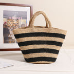 Raffia Large-Capacity Woven Tote Bag  Handcrafted Striped Open-Top Straw Handbag for Daily Use & Travel
