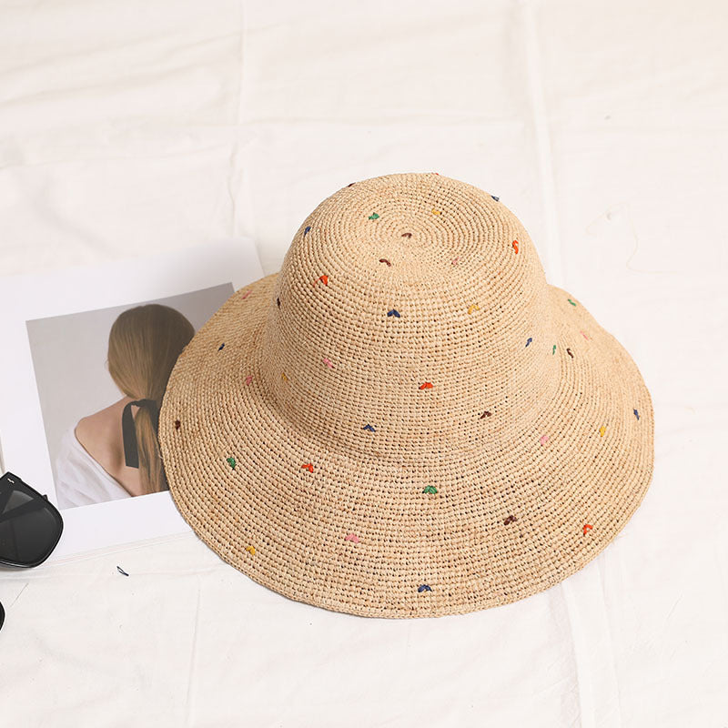 Raffia Straw Wide Brim Sun Hat  Color Dot Foldable Beach Hat for Women, Summer Vacation UPF Shade