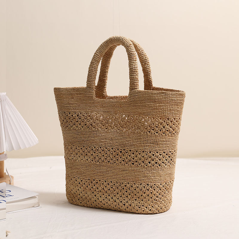 Premium Raffia Handheld Woven Bag  Large Capacity Hollow Weave Tote for Beach, Vacation & Everyday Use
