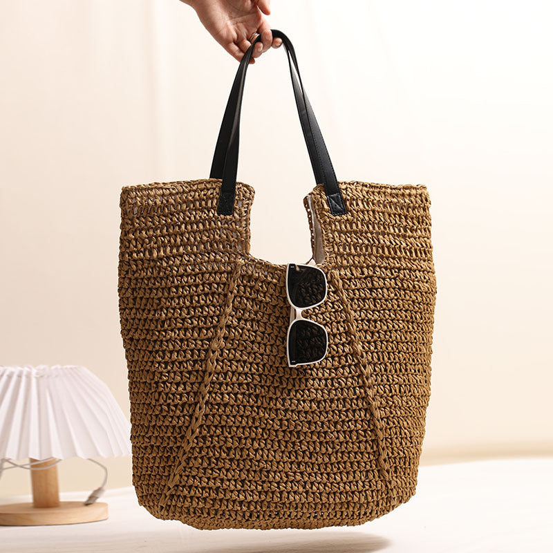 Fashionable Large Capacity Shoulder Raffia Bag  Versatile Solid Color Handheld Tote for Beach, Vacation & Everyday Use