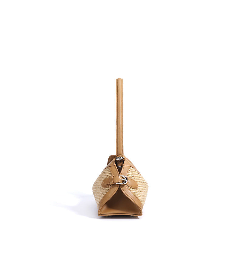 Leather & Straw Shoulder Bag  Soft Cowhide and Woven Underarm Crossbody, Medium Zipper Beach & City Tote