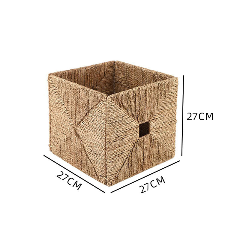 Seagrass Cube Storage Basket with Window Handle  Foldable Handwoven Square Bin for Clothes & Toys, 32cm