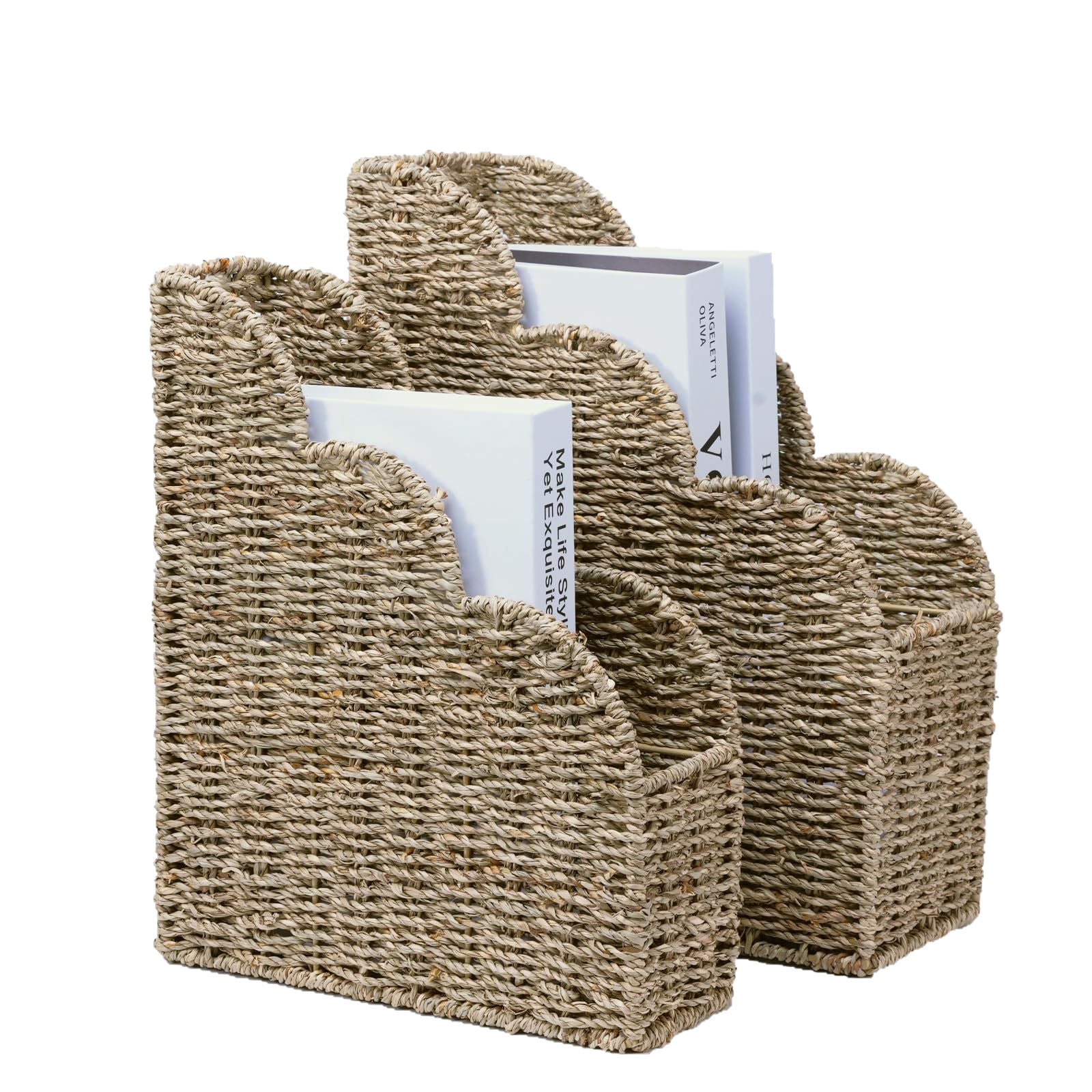Seagrass Magazine Holder  Handwoven File Organizer Basket for Living Room & Home Office, Scalloped Design, 2 Sizes