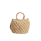 French-Style Cotton Crossbody Woven Bag  New Wooden Handle Tote with Zipper Closure for Beach, Vacation & Everyday Use