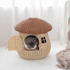 Mushroom-Shaped Woven Pet House  Indoor/Outdoor PP Rattan Cat & Small Dog Bed, Enclosed Cozy Pet Shelter