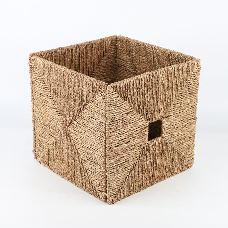 Seagrass Cube Storage Basket with Window Handle  Foldable Handwoven Square Bin for Clothes & Toys, 32cm Main image