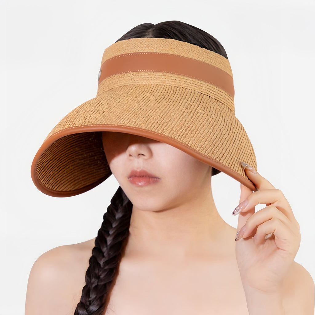 Raffia Wide Brim Sun Visor Hat for Women, Open Top Straw Beach Hat 5658cm