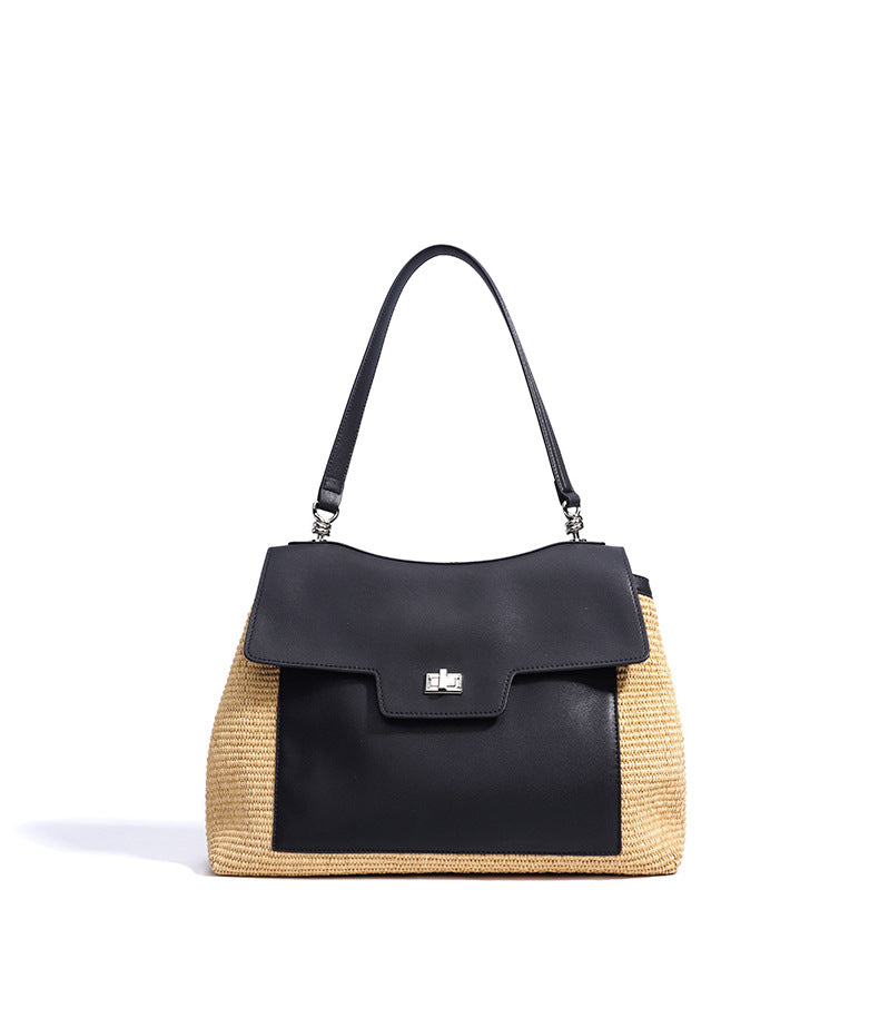 Leather Raffia Straw Tote Bag  Large Woven Shoulder & Crossbody Handbag with Lock Closure for Work and Casual